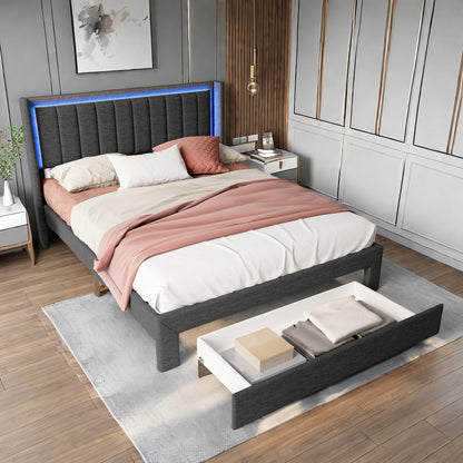 Tweepersoonsbed – Bedframe – Slaapbed – Opbergbed – Led Bed – 140 x 200 cm – Grijs Linen – Met USB-poort en Opberglade