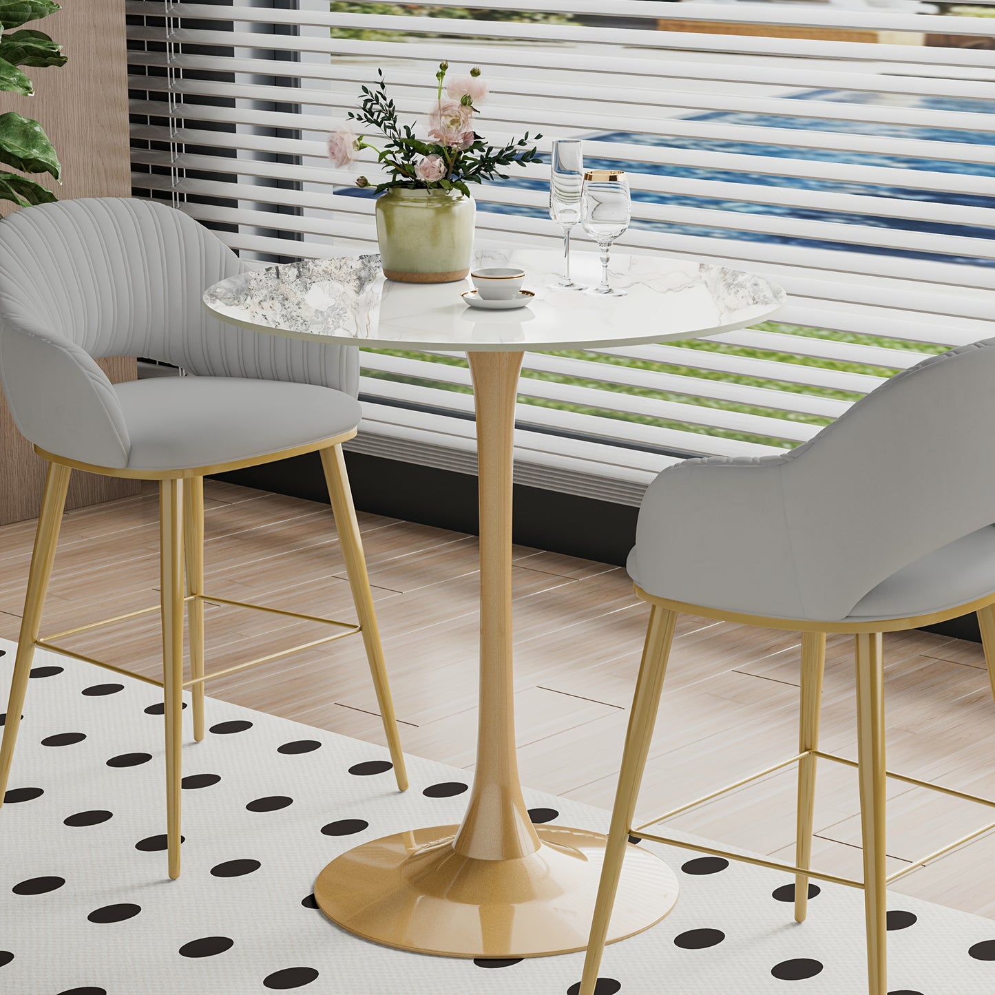 Witte Marmeren Tafel – Eettafel – Bistrotafel – Terrastafel – Hoteltafel – Vlam- en Vlekbestendig – Metalen Frame Gouden Accenten