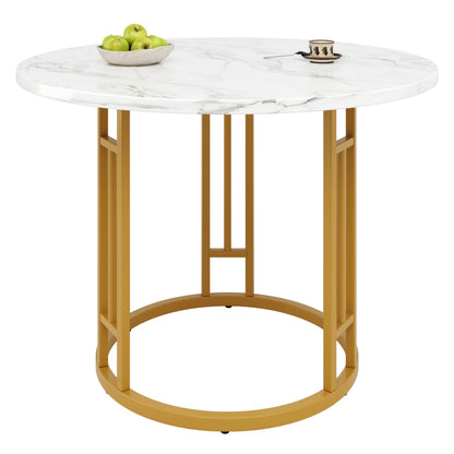 Eettafel – Ronde Tafel – Keukentafel – Dinertafel – Huiskamer Tafel – Marmerlook MDF Blad – Gouden Metalen Poot – Compact 80x80x76 cm – Voor 4 Personen