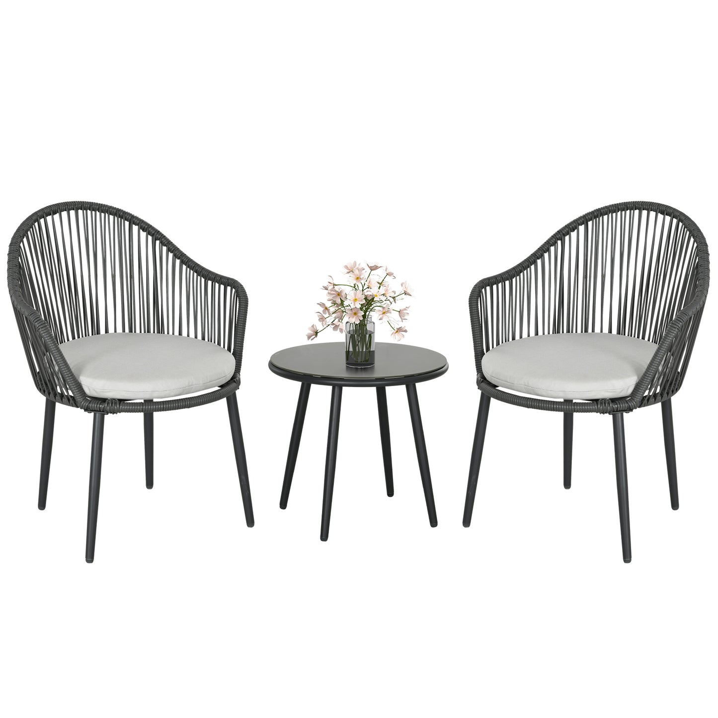 Bistroset – Tuinset – Balkonset – Tuintafel Set – Tuinmeubel – Stalen Frame – Inclusief Grijze Kussens – Tempered Glas Blad