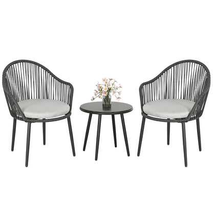 Bistroset – Tuinset – Balkonset – Tuintafel Set – Tuinmeubel – Stalen Frame – Inclusief Grijze Kussens – Tempered Glas Blad