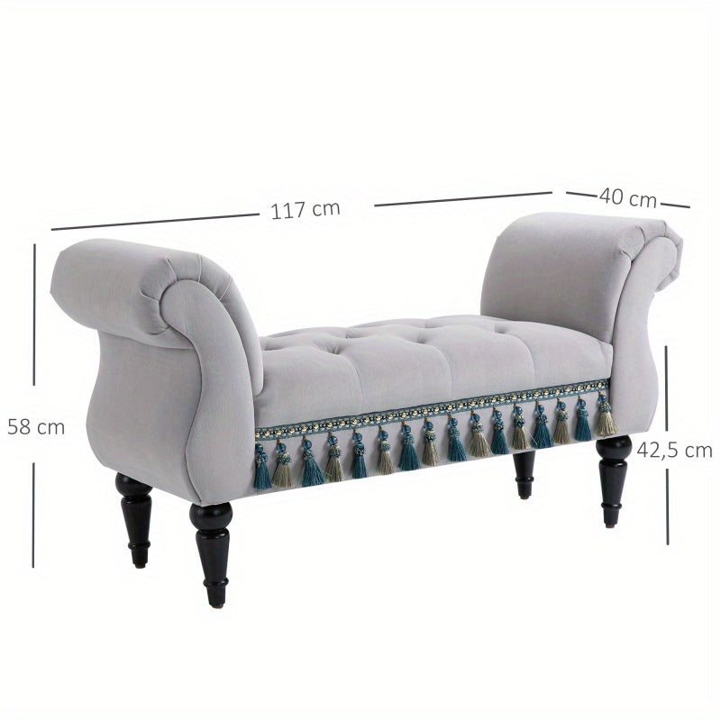 Bankje – Zitbank – Sitzbank – Halbankje – Opbergbank – Gestoffeerd Vintage Design – Grijze Polyester Bekleding – Stevig Houten Frame – 117x40x58 cm