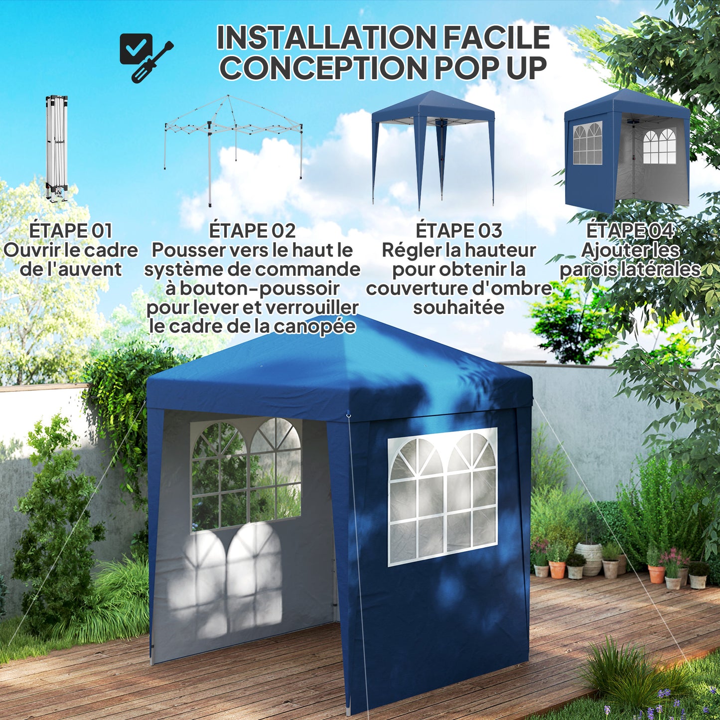 Partytent – Tuinpaviljoen – Overkapping – Pop-up Tent – Schaduwdoek – Blauw – UV30+ Bescherming – Verstelbare Hoogte 202x202 cm