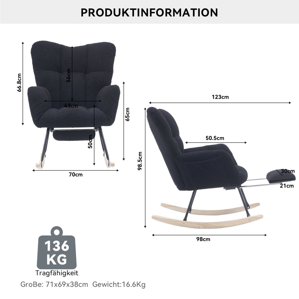 Contemporary Black Rocking Chair with Padded Teddy Bear Taffeta Cover & Extendable Footrest - Heavy-Duty Metal Frame, Easy Assembly, Soft Cushioned & Backrest, Hard Floor Compatible - Modern Accent Chair for Living Room, Bedr