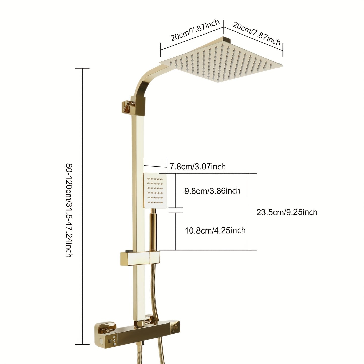 TOOL1SHOOO 20 Cm Square Thermostatic Shower Set In Golden - Brass And 304 Stainless Steel, 180° Swivel Top Outlet, Height Adjustable