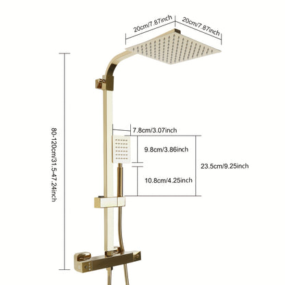 TOOL1SHOOO 20 Cm Square Thermostatic Shower Set In Golden - Brass And 304 Stainless Steel, 180° Swivel Top Outlet, Height Adjustable