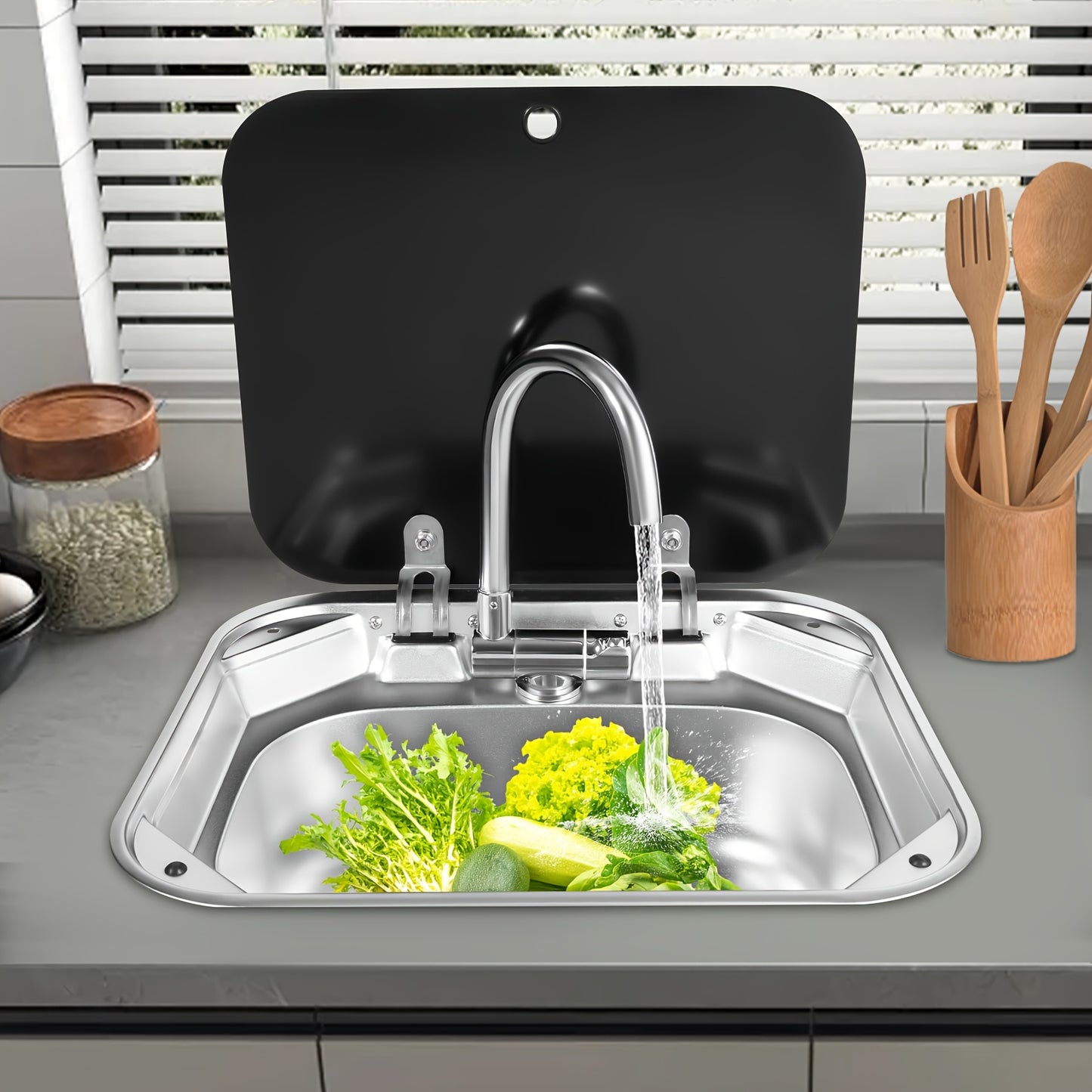 RVS Camper Wasbak – Keukenspoelbak – Bootspoelbak – Vouwkraan – Spoelbak Met Glasplaat Deksel – Compact Formaat – Gemaakt Van Roestvrijstaal