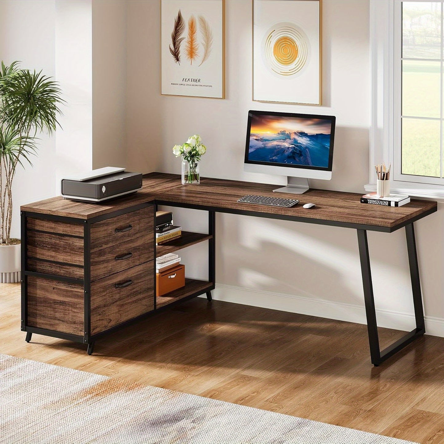 Hoekbureau – Bureau – Computerbureau – Werkplek – L-vormig bureau – Bruin – Omkeerbaar ontwerp – 134,62 cm Werkblad – 3 Laden en 2 Open Planken