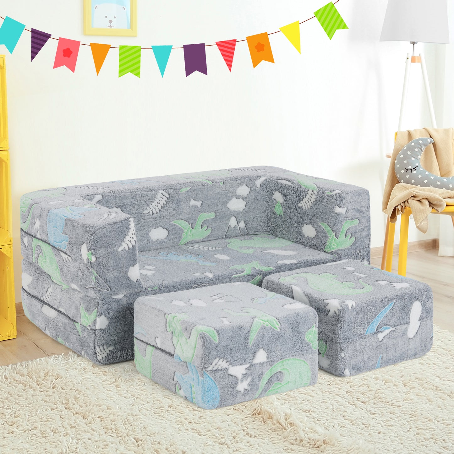 Kinderbankje – Speelbankje – Zitzak – Speelset – Poppentheater – Lichtgevend Dinosaurusmotief – Modulair 2-zits Slaapbankje – Zachte Flanellen Bekleding – Wasbaar In De Machine