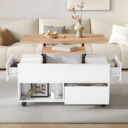 Salontafel – Koffietafel – Tafel – Bijzettafel – Woonkamertafel – Wit Zwart – Verstelbaar Blad Met Wieltjes – Metalen Frame – 4 Laden & Extra Opbergruimte – 100x50x52 cm