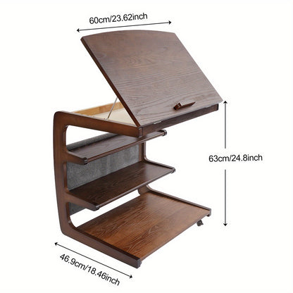Salontafel met Opbergruimte – Bijzettafel – Koffietafel – Wandtafel – Rolstoeltafel – 4-laags Opbergruimte – Modern C-vormig Design – Rubberhout en IJzer – Wieltjes met Rem – 60 cm Hoog – Notenkleur