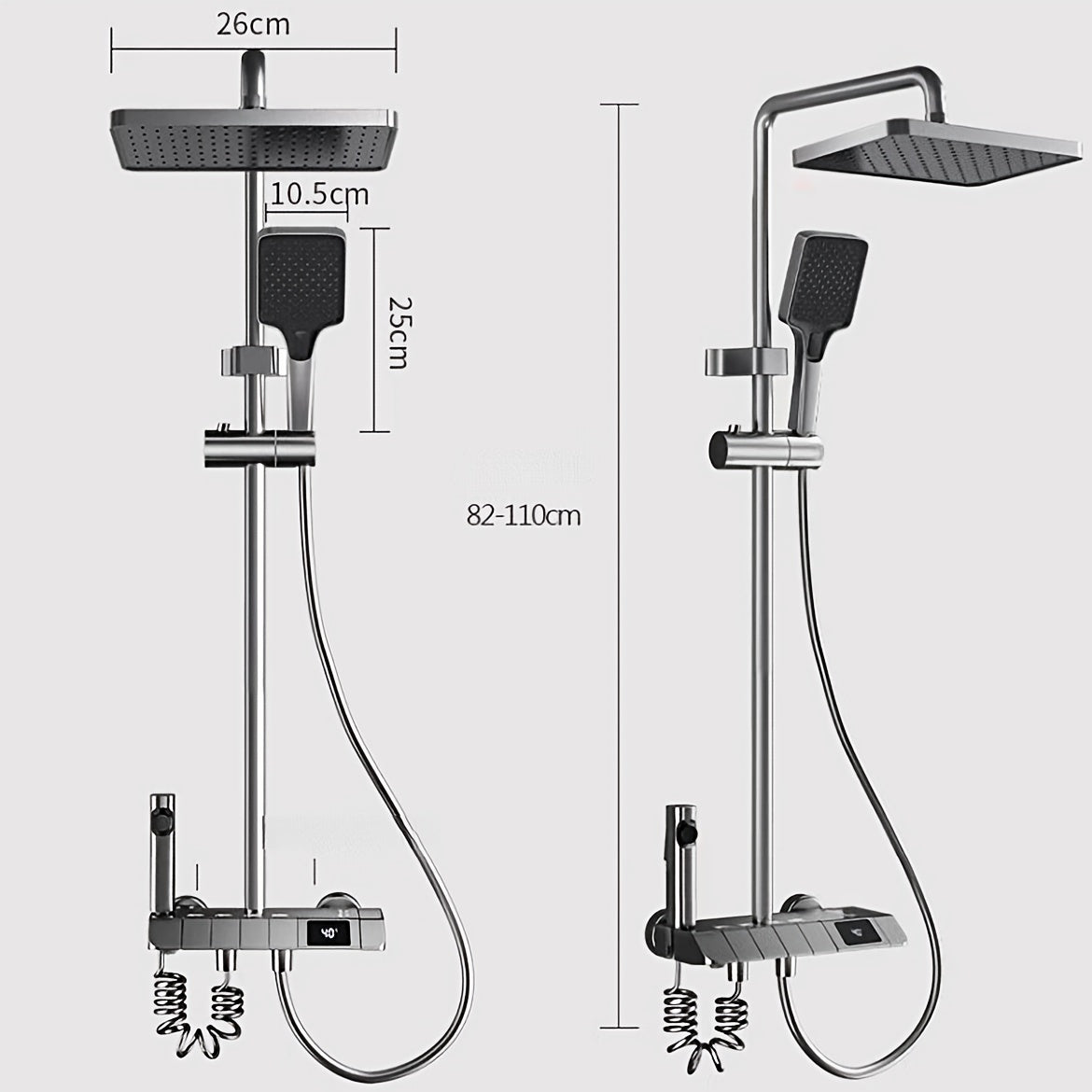 A Set of Brass Gun Gray Household Shower Head Kit. Intelligent Boosting System. Piano Button. LED Intelligent Thermostat. Four-Function Handheld Shower. Bathroom Shower Kit.