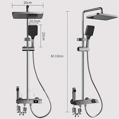 A Set of Brass Gun Gray Household Shower Head Kit. Intelligent Boosting System. Piano Button. LED Intelligent Thermostat. Four-Function Handheld Shower. Bathroom Shower Kit.