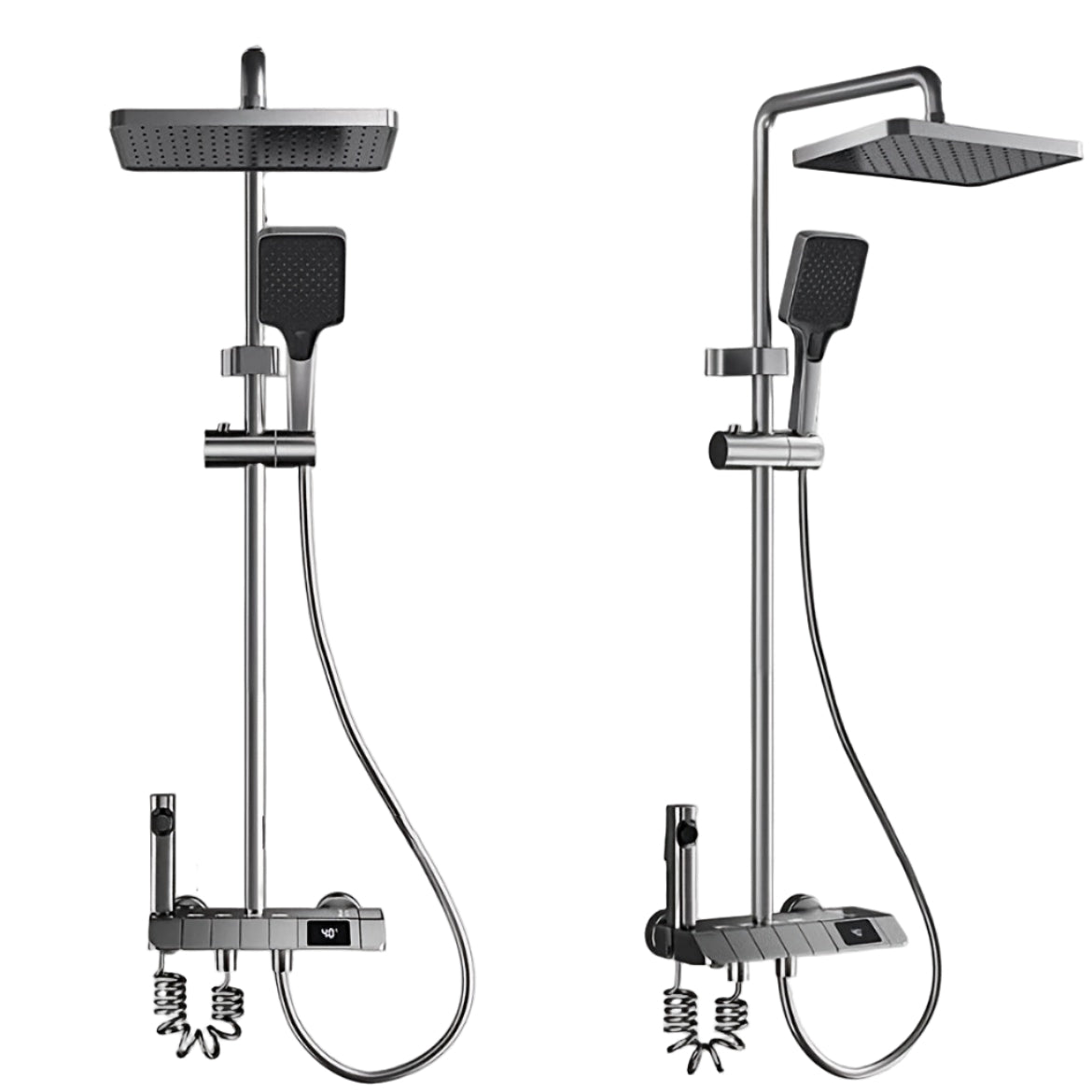 A Set of Brass Gun Gray Household Shower Head Kit. Intelligent Boosting System. Piano Button. LED Intelligent Thermostat. Four-Function Handheld Shower. Bathroom Shower Kit.