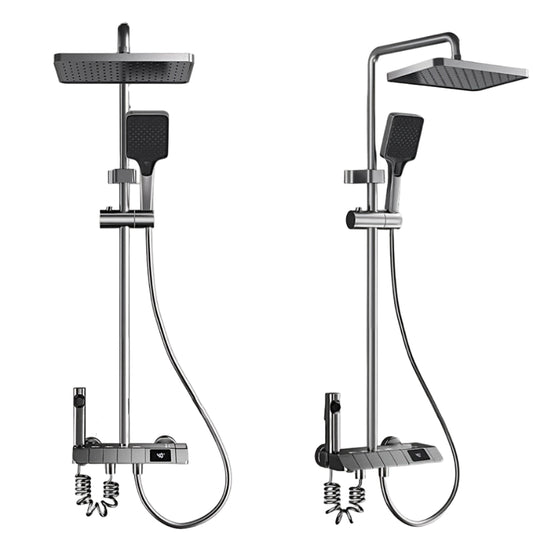 A Set of Brass Gun Gray Household Shower Head Kit. Intelligent Boosting System. Piano Button. LED Intelligent Thermostat. Four-Function Handheld Shower. Bathroom Shower Kit.