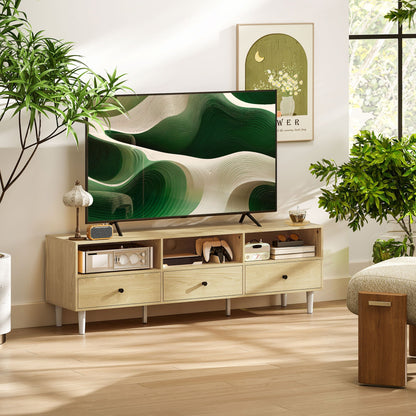 Tv-meubel – Televisiekast – Mediameubel – TV Kast – TV Dressoir – Houtlook Spaanplaat – 140x34x45 cm – Kabelbeheer – 3 Laden & 3 Open Vakken