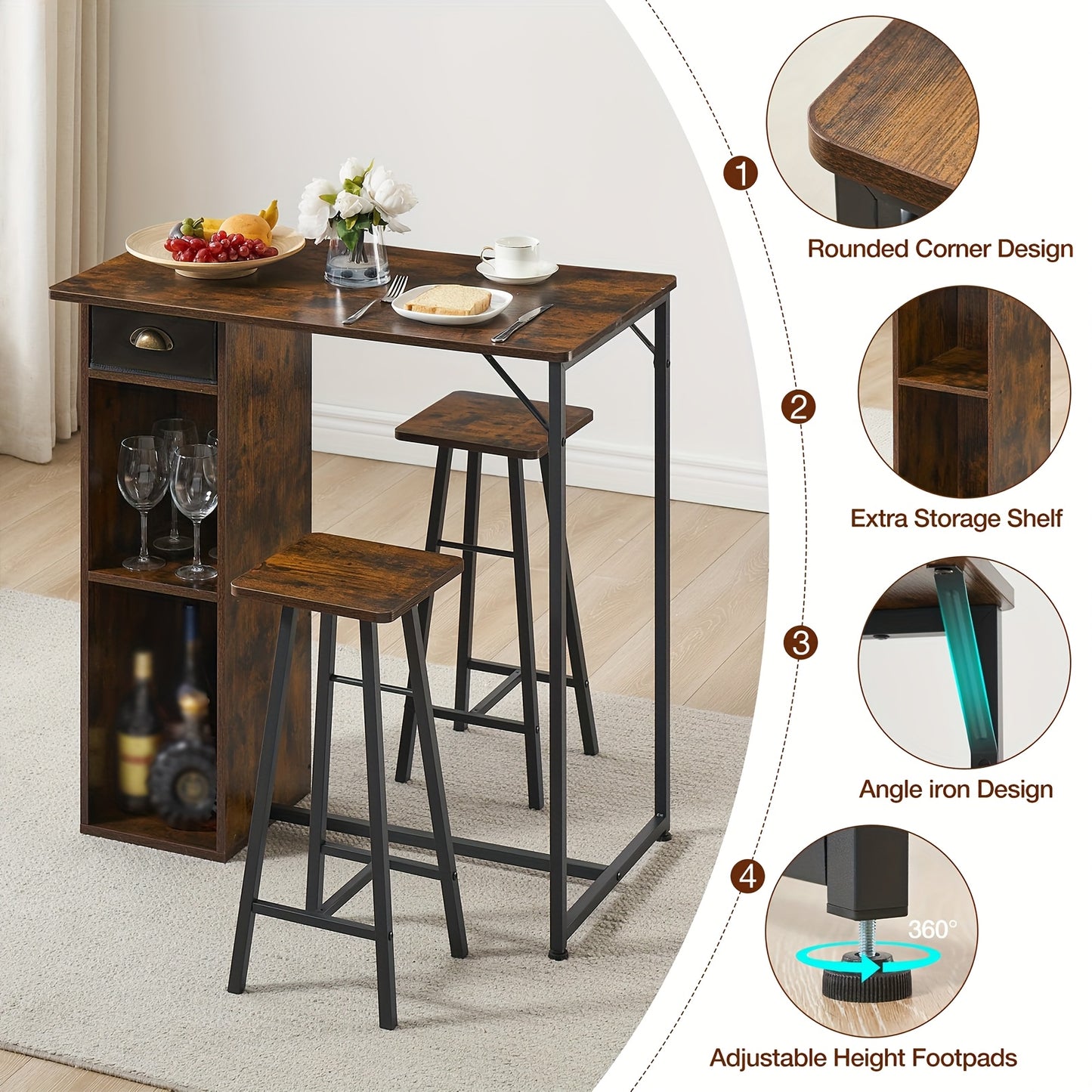 3pcs Dining Table Set for 2, Kitchen Table and Chairs with Storage Drawer & Shelf - Compact Kitchen Table and 2 Bar Stools, Perfect for Small Kitchens, Apartments, Brown, Spacesaving Furniture, Minimalist Furniture, Contempor