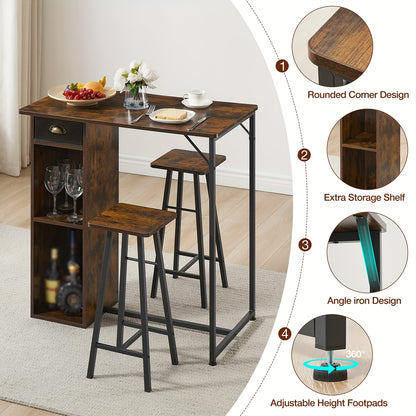 3pcs Dining Table Set for 2, Kitchen Table and Chairs with Storage Drawer & Shelf - Compact Kitchen Table and 2 Bar Stools, Perfect for Small Kitchens, Apartments, Brown, Spacesaving Furniture, Minimalist Furniture, Contempor