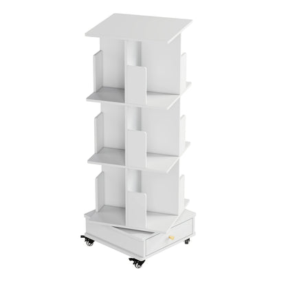 Boekenkast – Boekenrek – Opbergkast – Draaibare Kast – Mobiele Boekenkast – 3-laags met Lade – 360° Draaibaar met Vergrendelbare Wielen – Duurzaam Hardhout, Compact & Ruimtebesparend