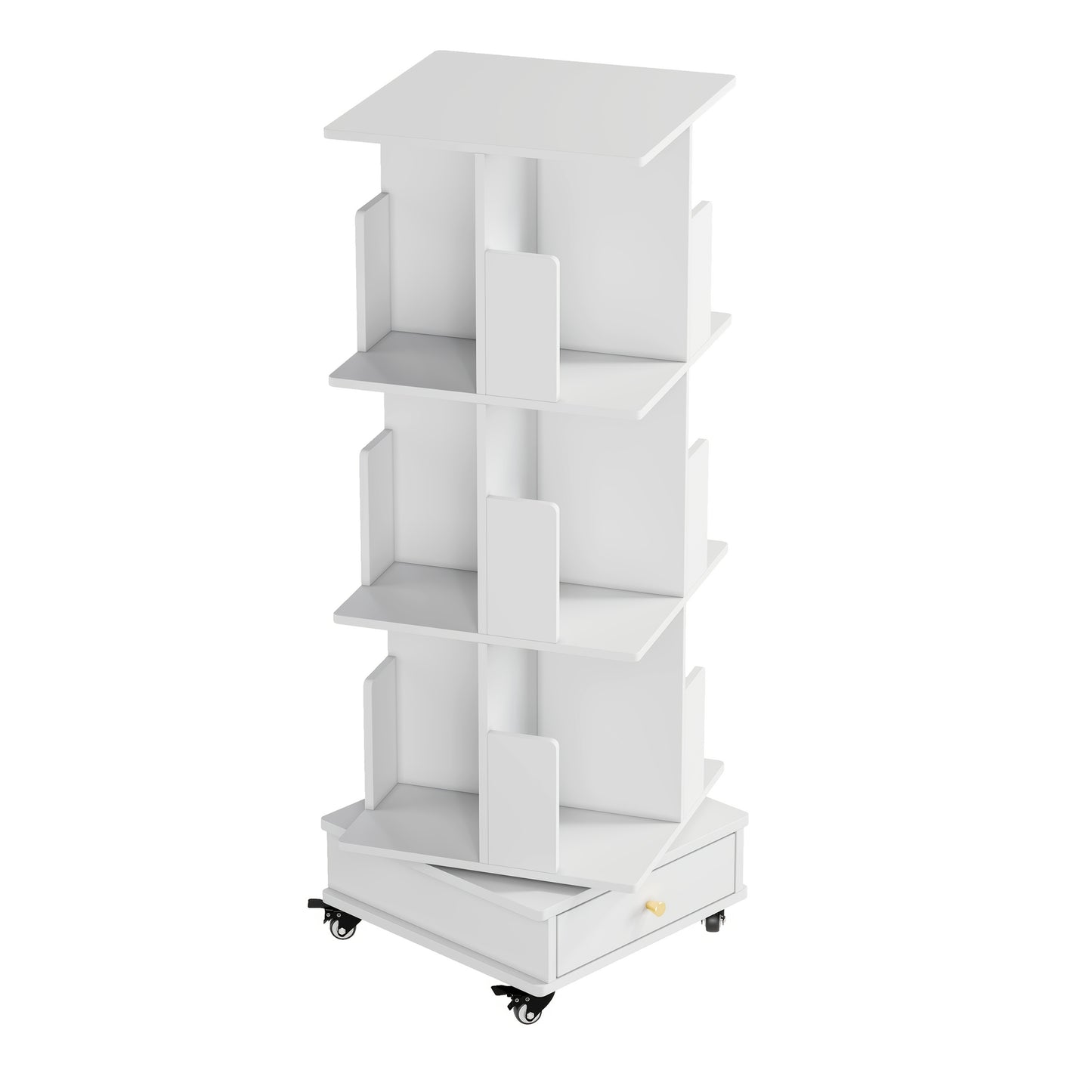 Draaibare Boekenkast – Boekenplank – Opbergkast – Rotatiekast – Witte Boekenkast – 3 Laags Met Lade – 360° Draaibare Planken – Lockbare Wieltjes