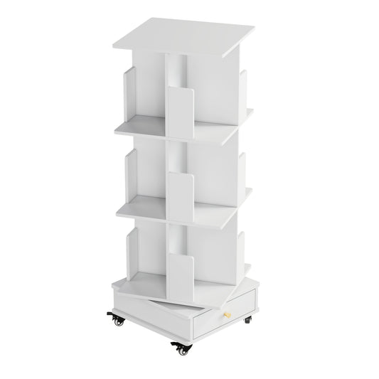 Draaibare Boekenkast – Boekenplank – Opbergkast – Rotatiekast – Witte Boekenkast – 3 Laags Met Lade – 360° Draaibare Planken – Lockbare Wieltjes