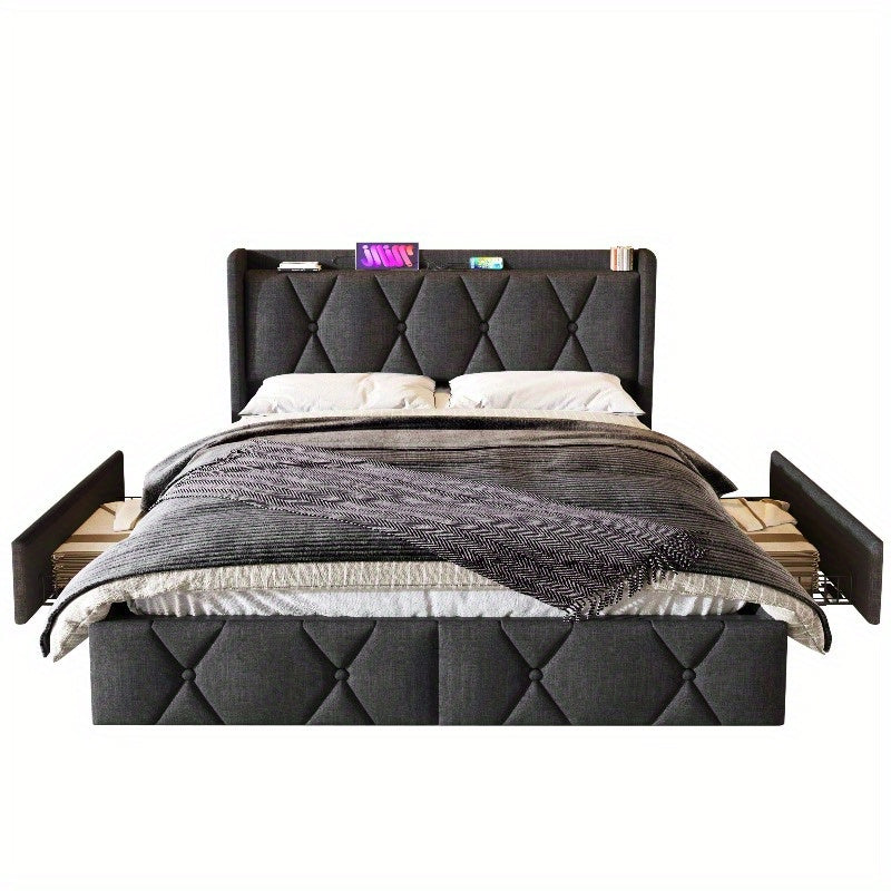 Bedframe 140x200 – Tweepersoonsbed – Opbergbed – Gestoffeerd Bed – Lattenbodem – Grijs – Met Opberglades en Hoofdeinde – Inclusief Matras en Houten Latten