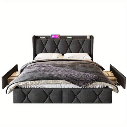 Bedframe 140x200 – Tweepersoonsbed – Opbergbed – Gestoffeerd Bed – Lattenbodem – Grijs – Met Opberglades en Hoofdeinde – Inclusief Matras en Houten Latten