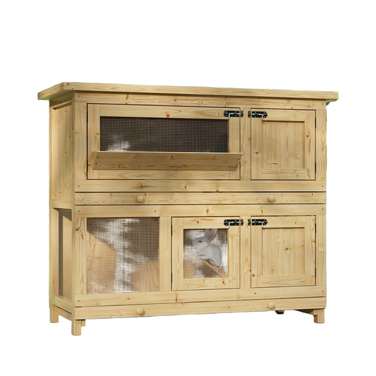 Dubbele Konijnenren – Houten Kooien – Kleine Dierenren – Binnen Buiten Ren – Houten Hokken – 120x48x102 cm – Uitneembare Trays – Open Dak