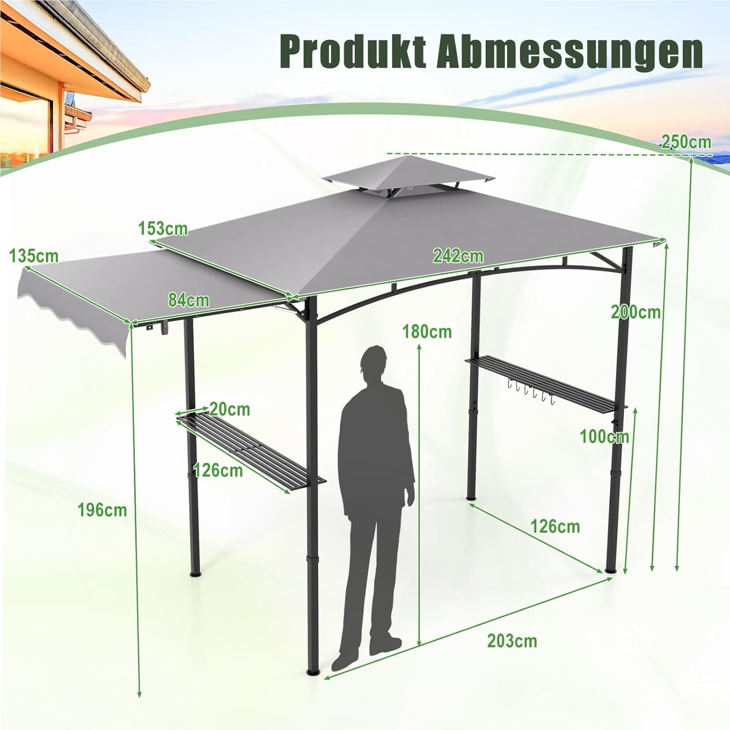 Grillpaviljoen – BBQ Overkapping – Tuinpaviljoen – Grillovertrek – Tuinhoes – Dubbel Dak – Met Zijluifel & Zijtafels – Weerbestendig Grilschap – 318x153x250 cm – Grijs