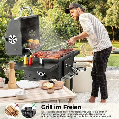Houtskoolbarbecue – BBQ Grill – Smoker – Buitenbarbecue – Tuinbarbecue – Dubbel Grilloppervlak – Ingebouwde Thermometer – Verstelbare Houtskoolbak – Wielen Met Rem – Robuuste Metalen Constructie