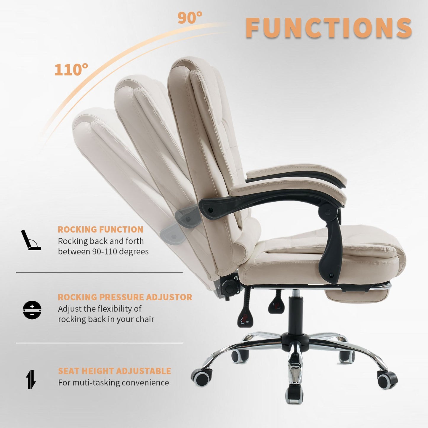Bureaustoel – Kantoorstoel – Gamestoel – Office Chair – Executive Chair – Extra Groot – Voetensteun – Ergonomisch – Hoog Rugleuning – PU Leer – Stille Wieltjes – Verstelbaar – Stevig Metalen Onderstel – Beige