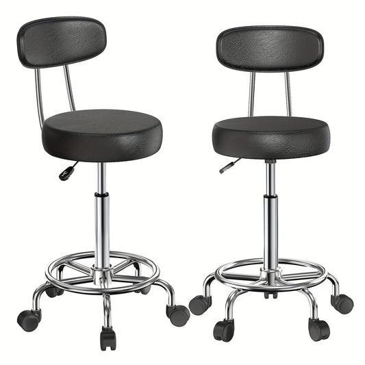 Rollkruk Set 2 Stuks – Bureaustoel – Werkkruk – Salonkruk – Drafting Stool – Ergonomisch Met Rugleuning – Hoogte Verstelbaar PU Leder
