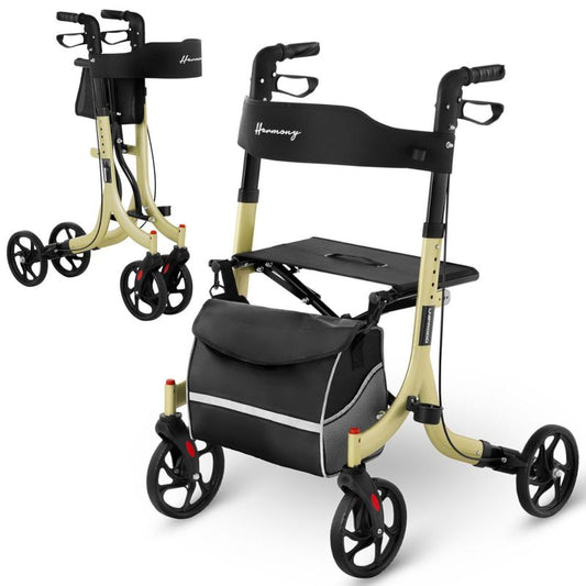 Golden Walking Frame with Seat and Shopping Bag for Seniors, Supports Up to 136kg
