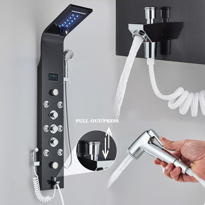 1 Set Modern Black Stainless Steel Shower Panel Tower System - 5-in-1 Rainfall Shower Head with Massage Jets, Wall-Mounted Bath Spout & Adjustable Massage Settings, Contemporary Bathroom Fixture for Spa-Like Experience (No Ba