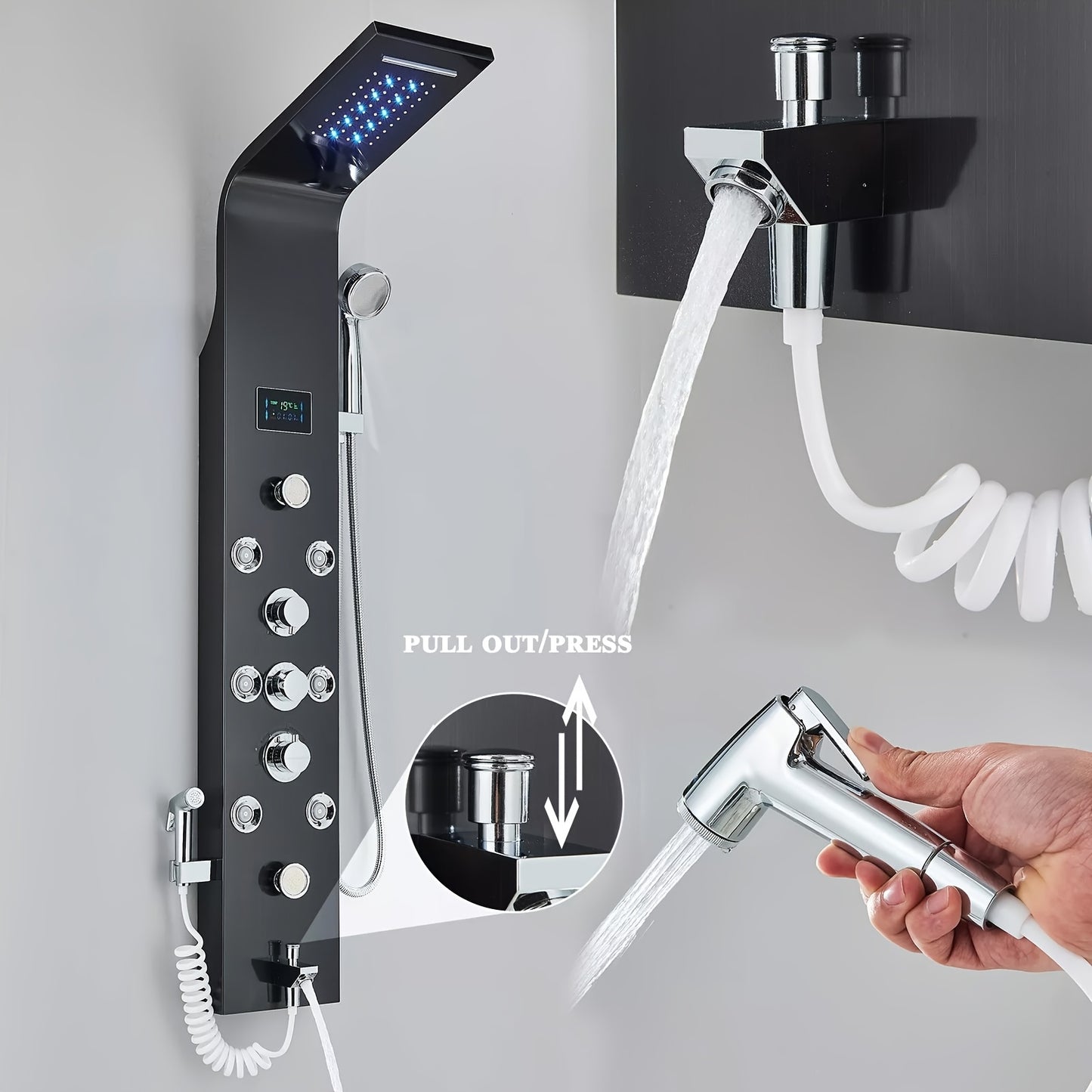 Douchesysteem – Regendouche – Douchepaneel – Doucheset – Thermostaatkraan – Zwart RVS – 5-in-1 Multifunctioneel – Hydraulisch Zonder Elektriciteit