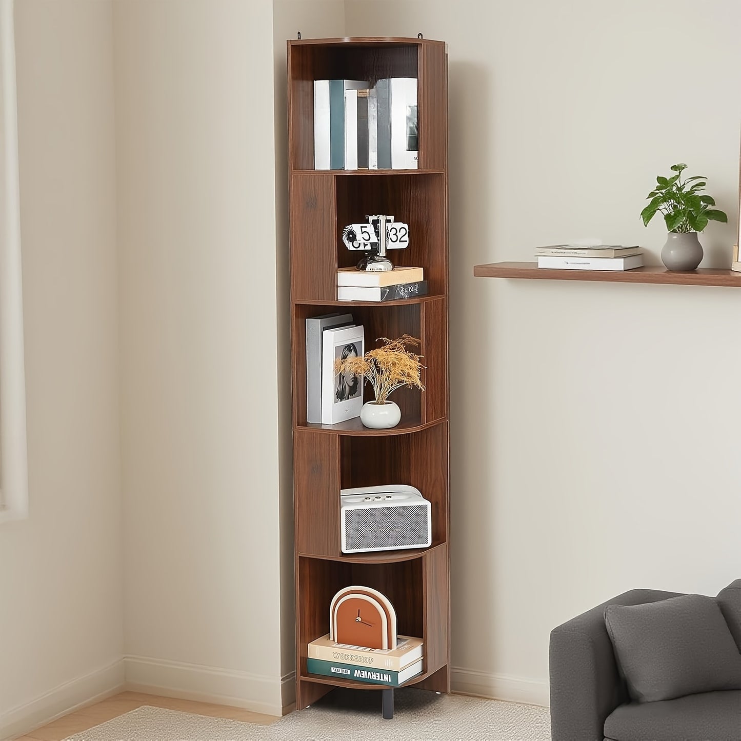 Hoekplank – Wandplank – Plankenrek – Boekenkast – Plantentafel – 5-Laags – Robuust Hout – Compact 30x173x28,5 cm – Rustieke Afwerking
