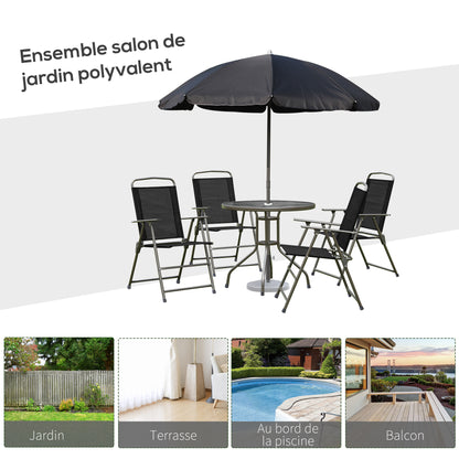 Tuinset – Bistro Set – Loungeset – Tuinmeubel – Balkonset – Zwart – 6-Delig Met Parasol – Epoxy Staal En Textilene – Geharde Glazen Tafelblad