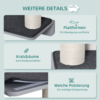 Wandklimwand Voor Katten – Krabpaal Wandmeubel Klimrek Kattenhoek – Lichtgrijs Beige – Houten Muurmontage – Compact Formaat 66x28x137 CM – Stevig Duurzaam Materiaal