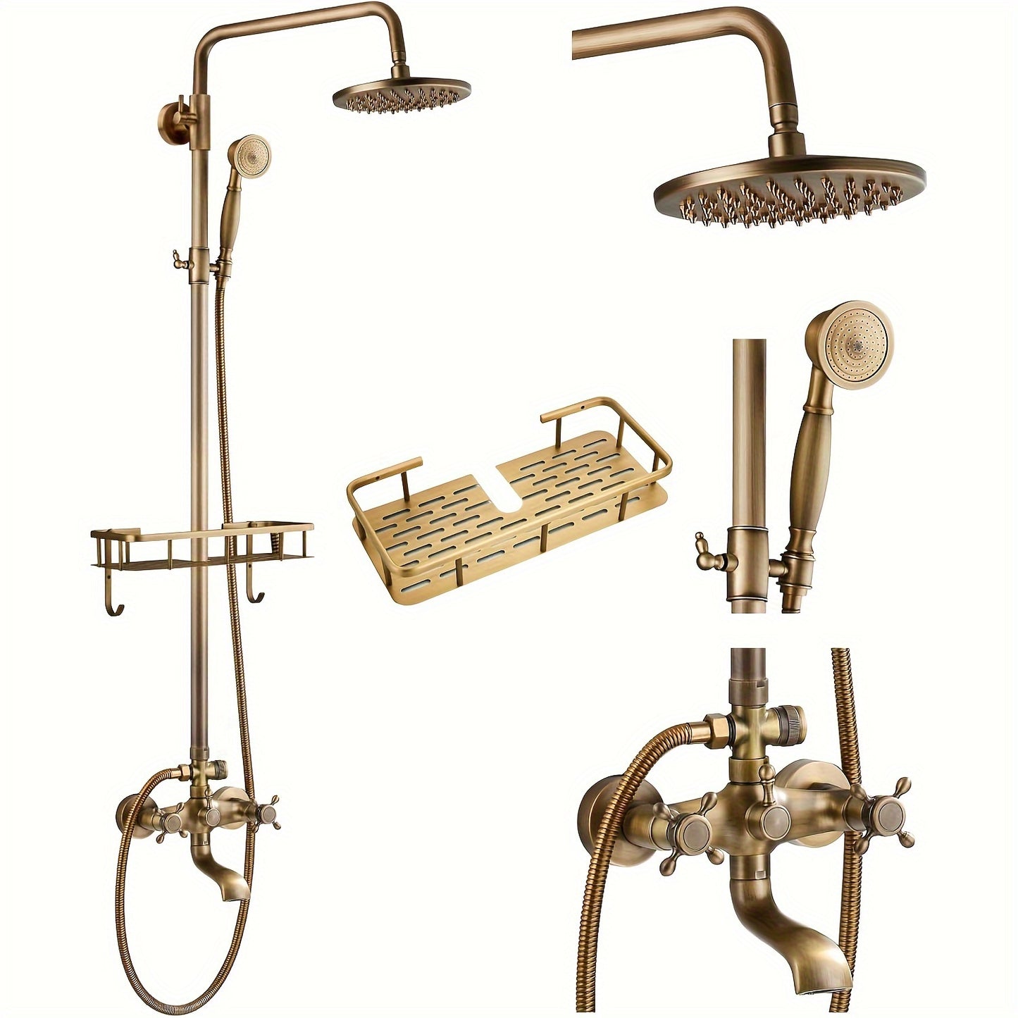 Douche Systeem – Regendouche – Handdouche – Muurkraan – Douchekraan – Antieke Messing Afwerking – 8 Inch Regendouchekop – Geen Elektriciteit Nodig