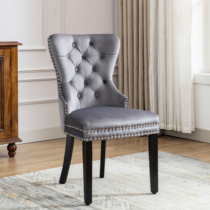 Velours Eetkamerstoelen – Stoelen Set – Lounge Stoelen – Keukenstoelen – Slaapkamerstoelen – Grijs Velours – Eikenhouten Poten – Vintage Knopbeslag