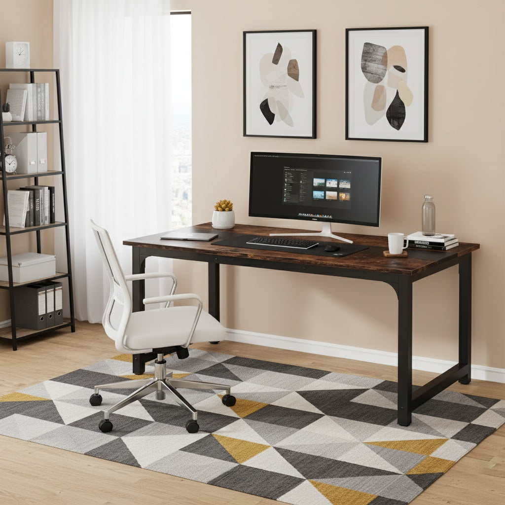 Industrieel Bureau – Werkplek – Schrijftafel – Computerbureau – Vergadertafel – Vintage Bruin/ Zwart – 160 cm Breed – Stevige Metalen Poten – Ruim Werkblad – Veel Beenruimte