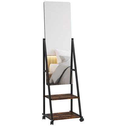 Staande Spiegel – Vloerspiegel – Rechthoekige Spiegel – Vintage Spiegel – Vrijstaande Spiegel – Verstelbare Kijkhoek – Met 2 Opbergrekken – Rustic Brown & Zwarte Accenten – 155 cm Hoog