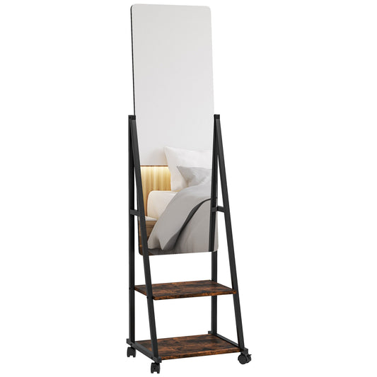 Staande Spiegel – Vloerspiegel – Rechthoekige Spiegel – Vintage Spiegel – Vrijstaande Spiegel – Verstelbare Kijkhoek – Met 2 Opbergrekken – Rustic Brown & Zwarte Accenten – 155 cm Hoog