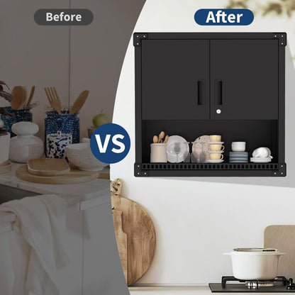Metalen Wandkast – Wandkast Opbergkast – Werkplaatskast – Keukenkast – Garagekast – Verstelbare Planken – Afsluitbaar Met Slot – Zwart Classic Design