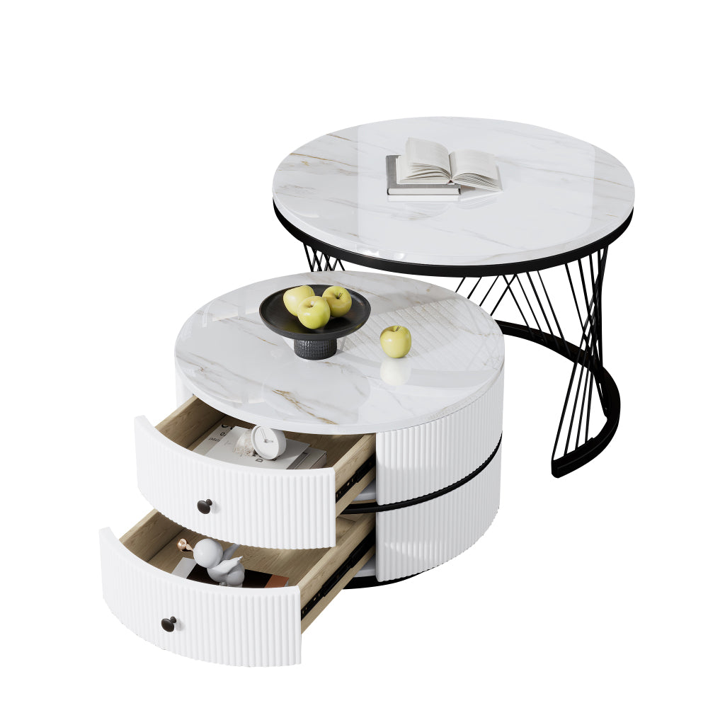 Salontafel – Koffietafel – Bijzettafel – Nesting Tafel – Opbergtafel – Nestbare Set Met Twee Lades – Metalen Frame – Rond Tafelblad – Moderne Design – Ruimtebesparend