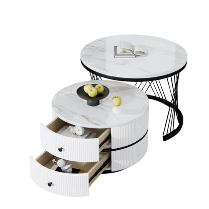 Salontafel – Koffietafel – Bijzettafel – Nesting Tafel – Opbergtafel – Nestbare Set Met Twee Lades – Metalen Frame – Rond Tafelblad – Moderne Design – Ruimtebesparend