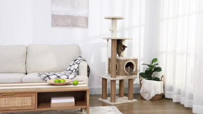 Kattenklimpaal – Krabpaal – Klimtoren – Kattenboom – Kattenhuisje – 128 cm Hoog – Duurzaam Zeegras & Zachte Pluche – Beige