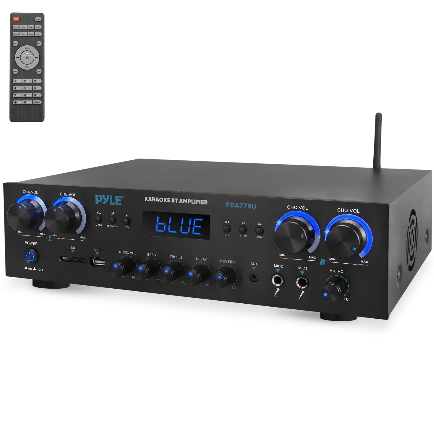 4-Kanaals Audioversterker – Versterker – Receiver – Audio Amplifier – Bluetooth Versterker – 800W Vermogen – Draadloze Bluetooth 5.0 & 2 Microfooningangen met Reverb en Delay