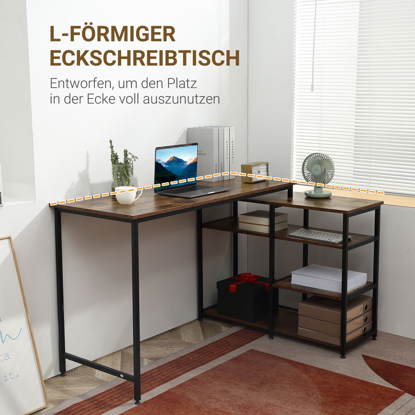 Hoekbureau – Hoekbureau Computerbureau – Bureau – Schrijftafel – L-vormig – Spaanplaat & Metaal – 135x90x79 cm – Met Opbergruimte
