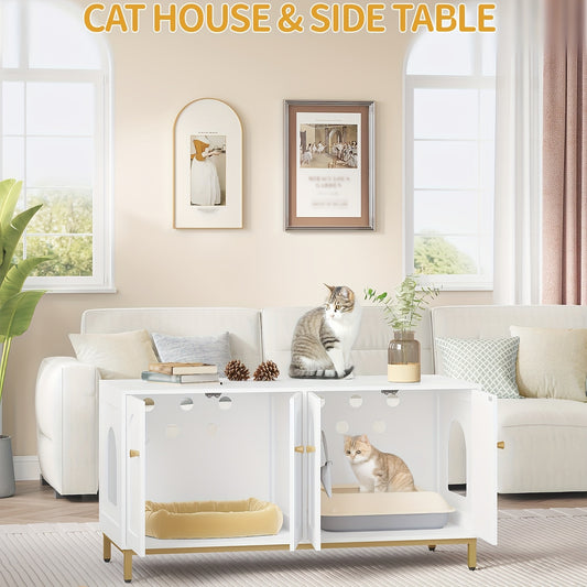 Kattenkast – Kattenmeubel – Kattenbakmeubel – Kattenhuis – Kattenbench – Voor 2 Katten – Verborgen Kattenbak – Wit Goud – Hout – Geschikt Voor Meeste Kattenbakken – 119 cm